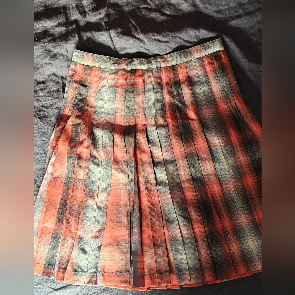 Pendleton Reversible Coral Orange And Grey Plaid Tartan Pleated Wool Skirt